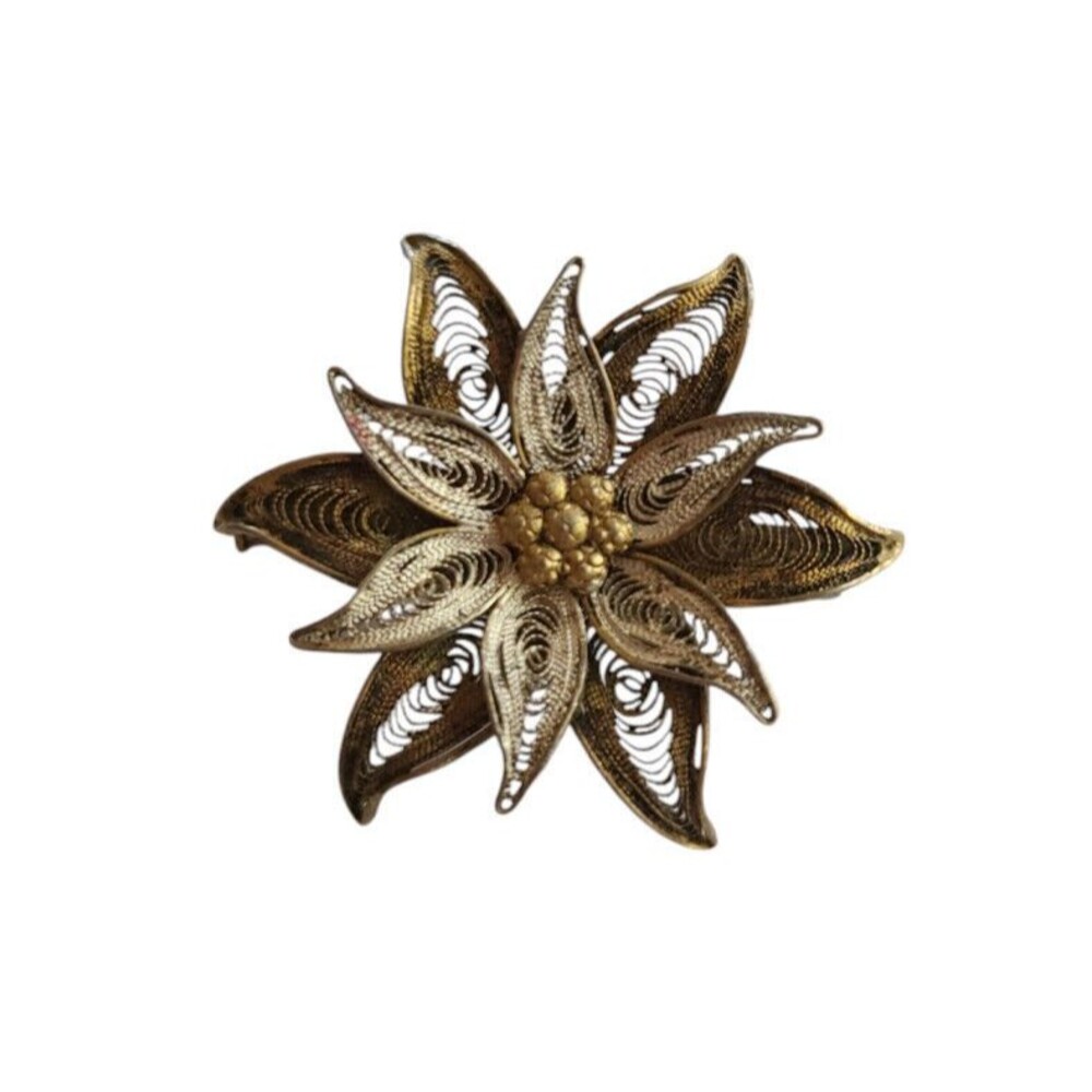 Vtg 800 Silver Gold Vermeil Cannetille Filigree Floral Pin - Trombone Clasp
